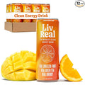 LivReal Clean Energy Drink – Organic Green Tea Caffeine 125mg + L-Theanine 100mg – Real Fruit No Sweeteners or Flavorings – Vitamin C &amp B Complex – Sparkling Orange Mango Water – 12 Pack 12 fl o