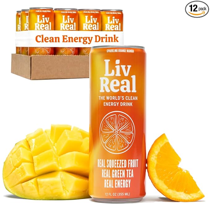 LivReal Clean Energy Drink – Organic Green Tea Caffeine 125mg + L-Theanine 100mg – Real Fruit No Sweeteners or Flavorings – Vitamin C &amp B Complex – Sparkling Orange Mango Water – 12 Pack 12 fl o