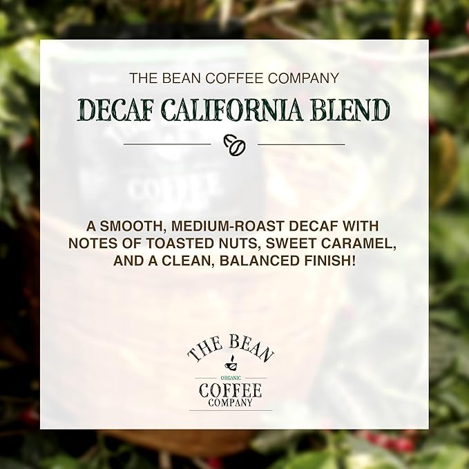 The Bean Organic Coffee Company Water Processed DECAF California Blend Medium Roast Ground Coffee 16-Ounce Bag Café Molido Tostado Orgánico descafeinado