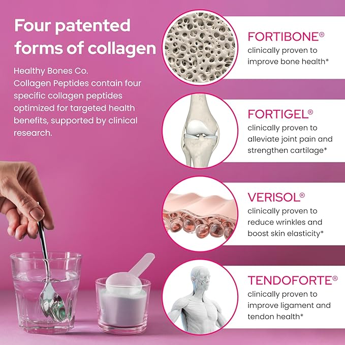 FORTIBONE® Premium Bone Health Collagen Peptides w/FORTIGEL® VERISOL® &amp TENDOFORTE® Clinically-Supported for Bones Joints Skin Hair Nails Hydrolyzed Collagen Anti-Aging Formula (30 Servings)