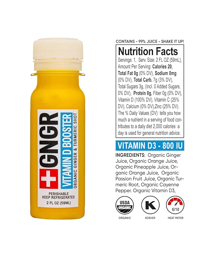 +GNGR Vitamin D Shot – Organic Cold-Pressed Ginger shot with Turmeric Pineapple Passion Fruit Juice. Wellness shot with Vegan Vitamin D3 for Joint Bone and Immune Support. 2 fl oz (Pack of 12)
