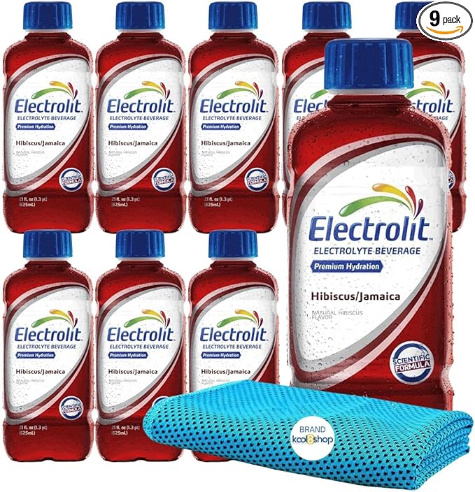 Electrolit Hibiscus-Jamaica Hydration Drink with Electrolytes 21 fl oz Plastic Bottles 9 Pack + 1 Microfiber Cooling Towel by KOOL8SHOP Infinite Deals