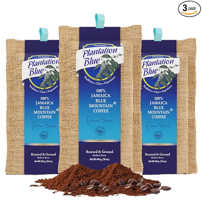 Plantation Blue 100% Blue Mountain Coffee Medium Roasted and GROUND (1lb bags) 3 bags