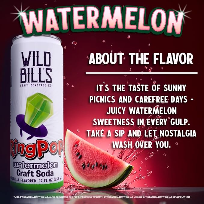 Wild Bill’s Craft Soda Variety Pack – Ring Pop Soft Drinks – Watermelon Strawberry Berry Blast &amp Blue Raspberry – Pure Cane Sugar No HFCS Caffeine Free Vegan Gluten Free - 12 Oz Cans 12 Pack