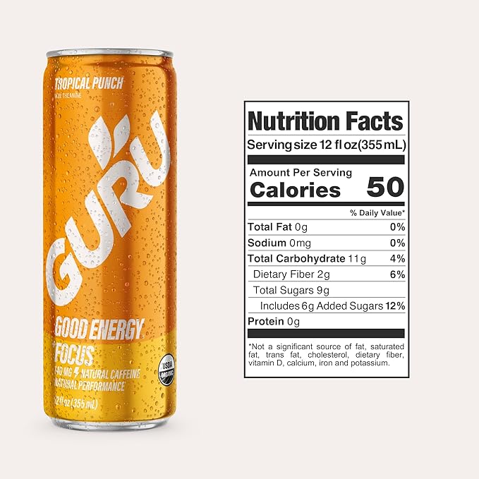 GURU Tropical Punch Organic Energy Drinks Clean Energy Drink with Plant Based Natural Caffeine from Green Tea + Focus with L Theanine Gluten Free 140MG Caffeine Healthy Drinks 12oz (Pack of 12)