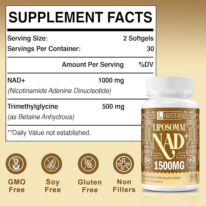 1500 MG Liposomal NAD+ 98%+ Absorption NAD+ Supplement for Women &amp Men with TMG for Aging Defense Cellular Energy Heart &amp Brain Function Longevity 120 Softgels