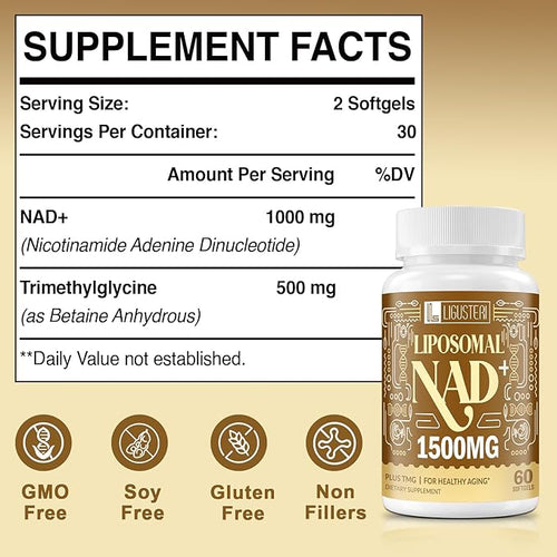 1500 MG Liposomal NAD+ 98%+ Absorption NAD+ Supplement for Women &amp Men with TMG for Aging Defense Cellular Energy Heart &amp Brain Function Longevity 60 Softgels