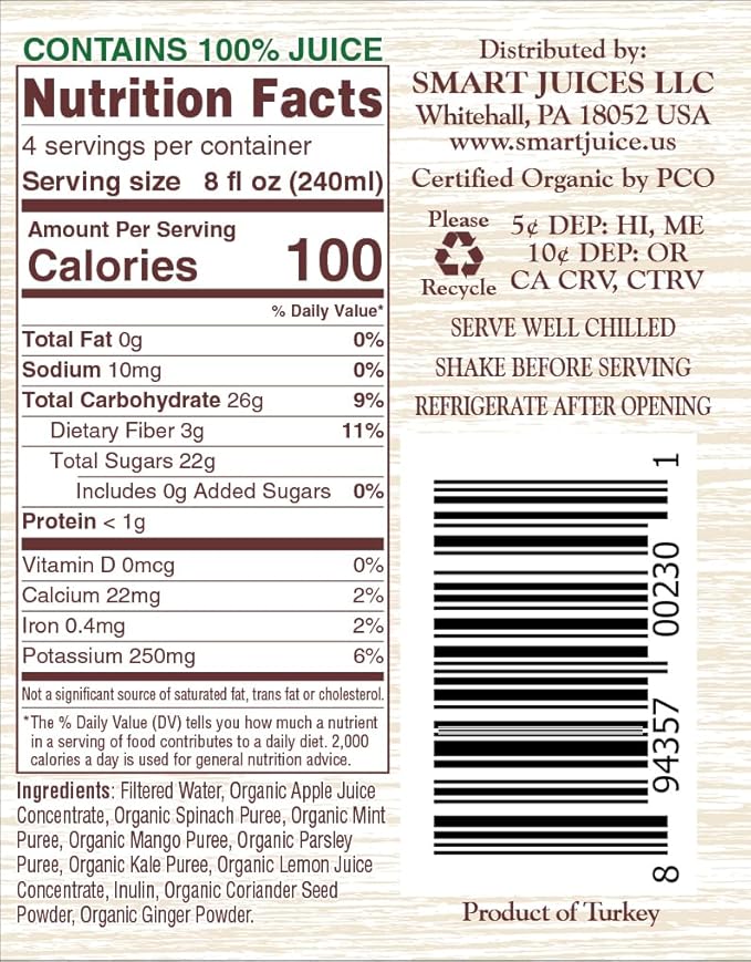 Smart Juice Organic Super Greens Juice - 32 fl oz glass - (Pack of 6) 100% Juice