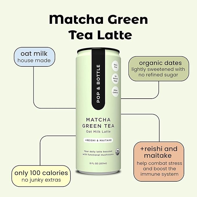 Pop &amp Bottle Oat Milk Lattes - Matcha with Reishi and Maitake Mushrooms Green Tea Latte MCT Oil Organic Dairy Free Gluten Free Lightly Sweetened with Dates - Matcha 8 Fl Oz (12 Pack)