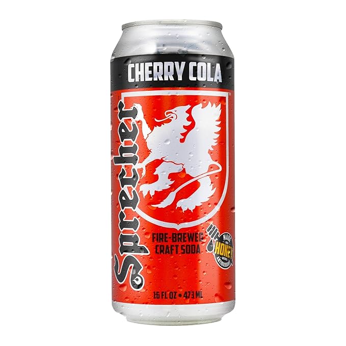 Sprecher Cherry Cola in 16 fl oz Cans (12 Pack) Fire-Brewed Craft Soda with Real Honey &amp Door County Cherry Juice Handcrafted Premium Cherry Soda Caffeine-Free Gourmet Beverage