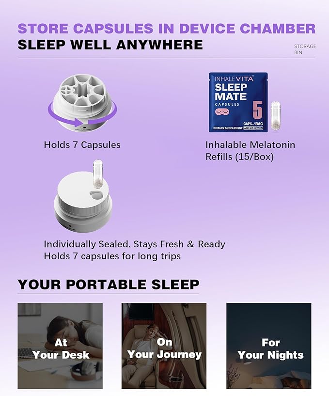 Melatonin Inhaler Sleep Aid Capsules 30 Count（Device Required）| Fast-Acting with Advanced Absorption| 0.4mg Low Dose Zero-Sugar| Wake Refreshed PortableNon-Habit Forming
