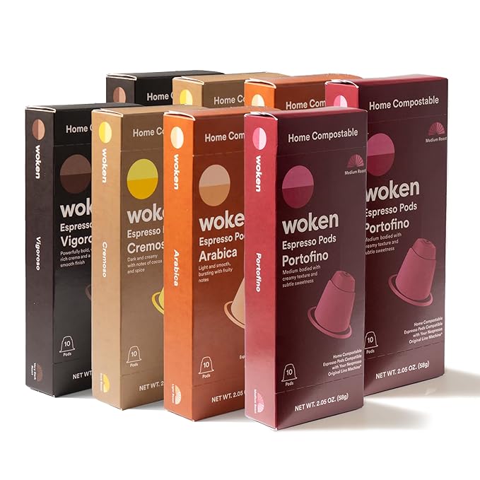 WOKEN COFFEE Compostable Pods | Variety Pack | Fresh Roasted in USA | Compatible With Nespresso Original Machines | Rich Aroma Smooth Taste Eco-Friendly Biodegradable Coffee Capsules |80 Pods (8 Bo