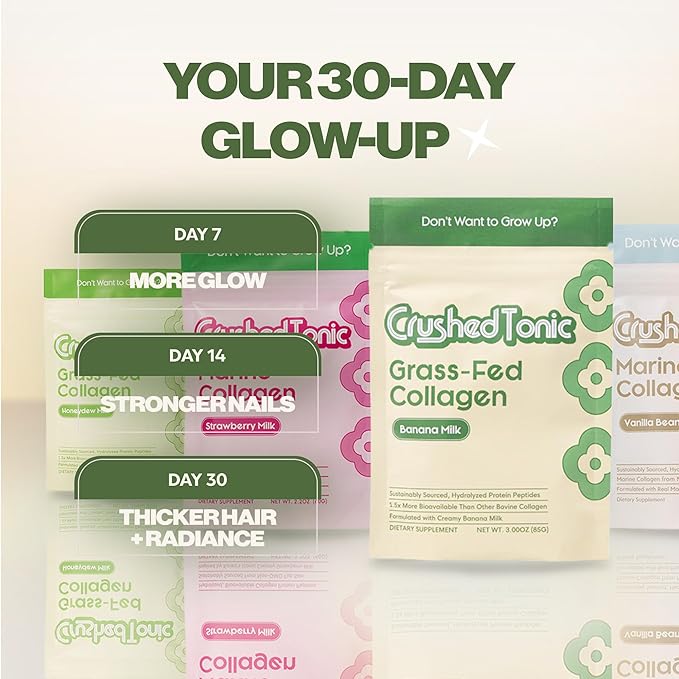 Crushed Tonic Korean Beauty Collagen Discovery Kit | Try Marine &amp Bovine Collagen Peptides | K-Beauty Sampler | Gluten-Free Halal &amp Kosher (Variety 3 Mini Pouches Sampler Kit)