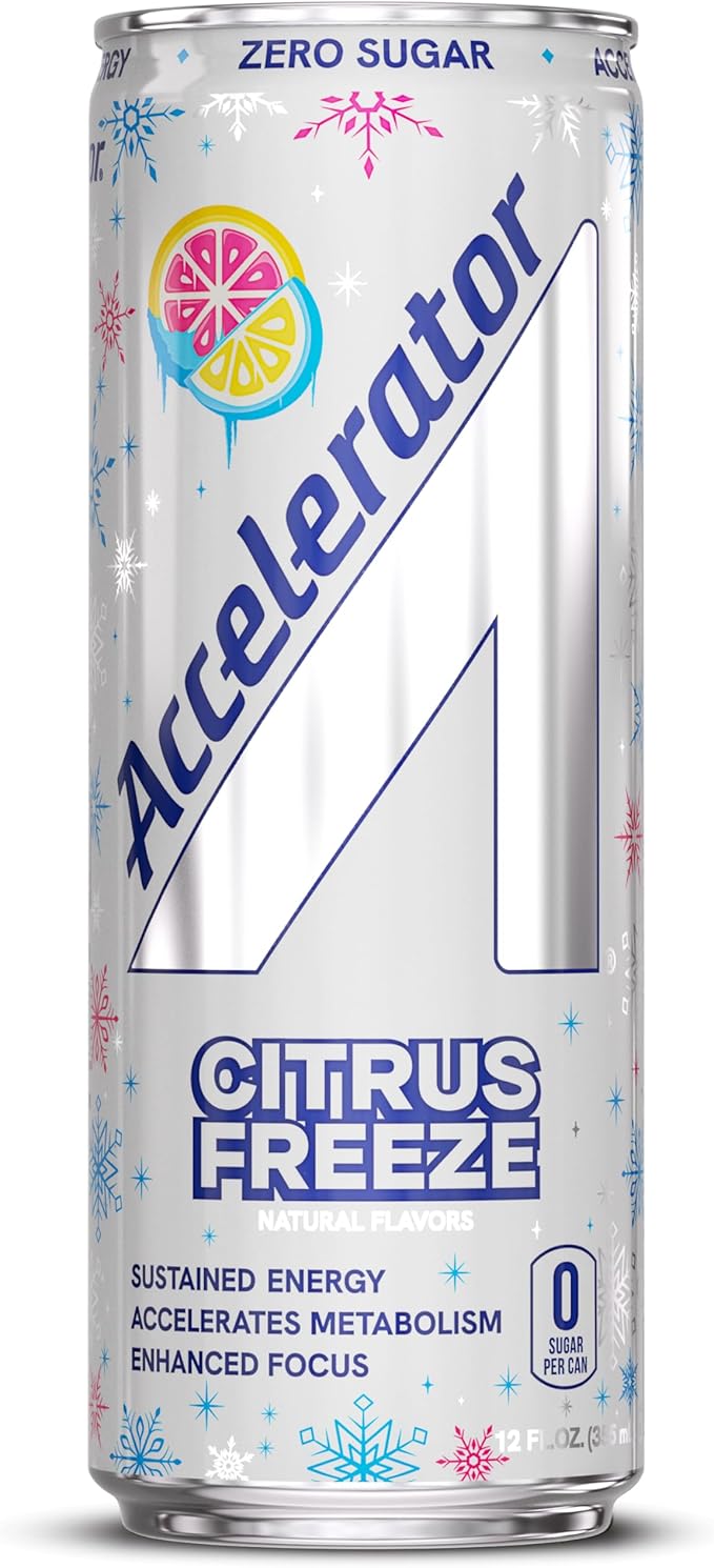 Accelerator Energy Drink Citrus Freeze 12oz can (12 pack) Zero Sugar Sustained Energy from 100% Natural Caffeine (200mg from Green Coffee Bean &amp Green Tea extract)