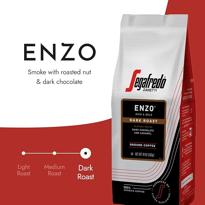 Segafredo Zanetti Ground Coffee – Made with Arabica Coffee – Dark Roast Smoky with Hints of Roasted Nuts &amp Dark Chocolate – South American Blend – Rich Full-Bodied – Enzo 10oz Bag Pack of 6
