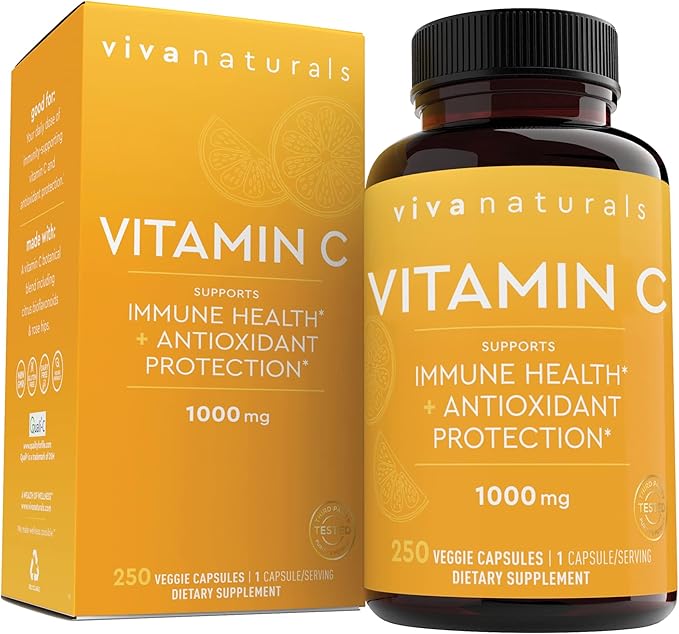 Viva Naturals Vitamin C 1000 mg 250 Vegetarian Capsules – with Citrus Bioflavonoids &amp Rose HIPS Non-GMO for Immune Support &amp Antioxidant Protection