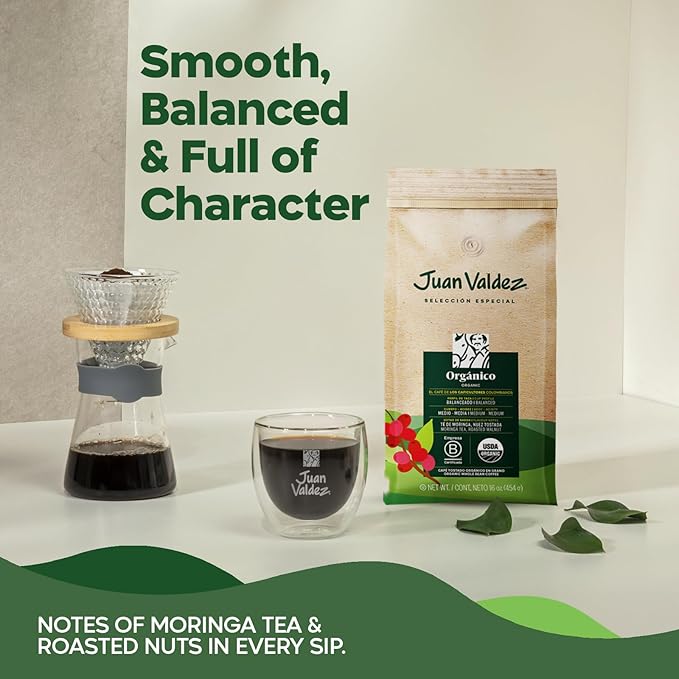 Juan Valdez Organic Whole Bean Coffee - Balanced Roast | 100% Colombian Arabica Beans | 100% Colombian Coffee - Balanced Profile with Moringa &amp Nutty Notes | Certified USDA Organic | 16 oz / 454 g