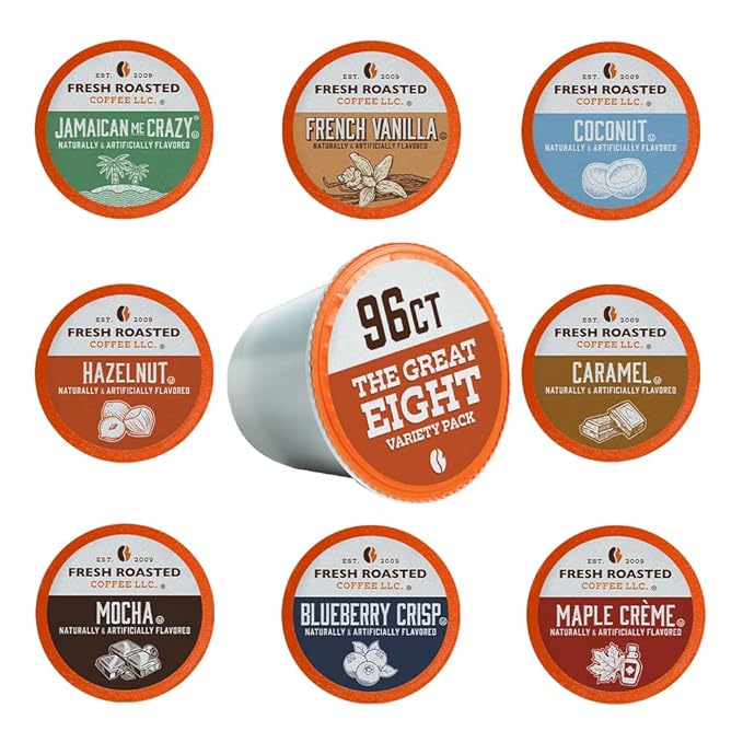 Fresh Roasted Coffee The Great Eight Flavored Coffee Pod Variety Pack K-Cup Compatible 96 Count
