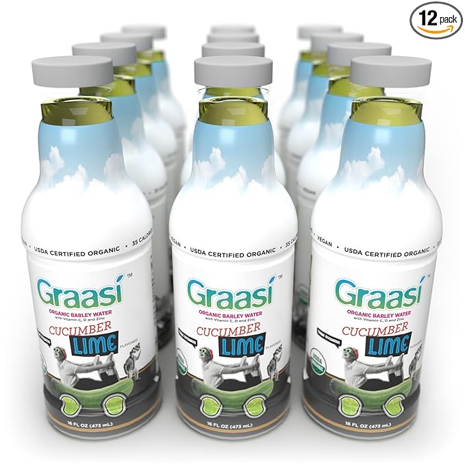 Graasi Organic Barley Grass Water | Hydration Drink with Vitamin C D Zinc | USDA Organic Non-GMO Vegan | Low-Calorie Wellness Beverage | Cucumber Lime | 12 Pack (16 Fl Oz Bottles)