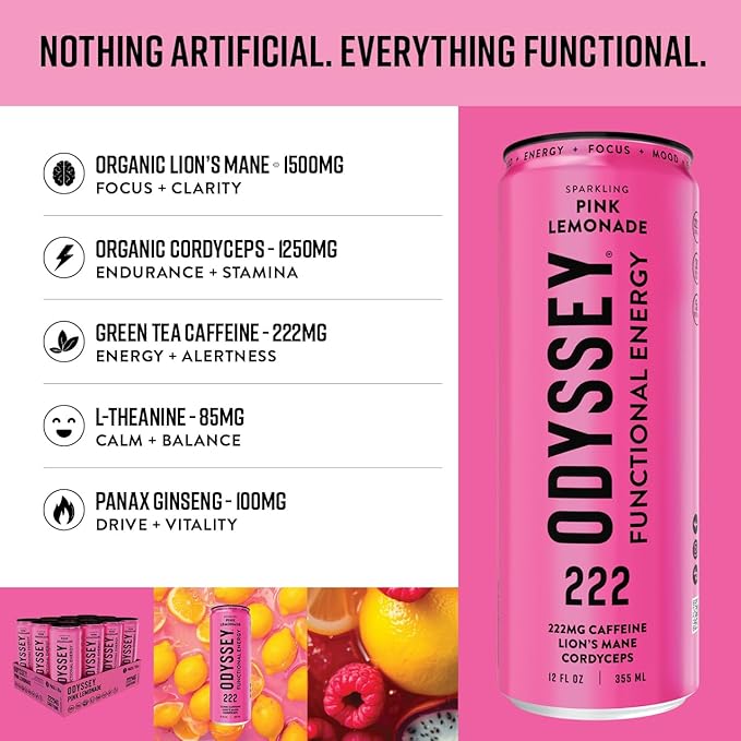 Odyssey Functional Energy Drink for Focus Cognition &amp Mood Support 12 Pack - Adaptogenic Drink with 222mg Green Tea Caffeine Lion’s Mane Cordyceps L-Theanine &amp Ginseng - Sparkling Pink Lem