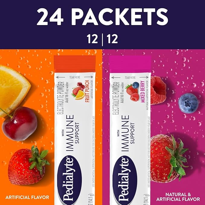 Pedialyte with Immune Support Electrolyte Drink Powder with Vitamin C and Zinc Advanced Hydration Variety Pack: Fruit Punch and Mixed Berry 24 Powder Packets