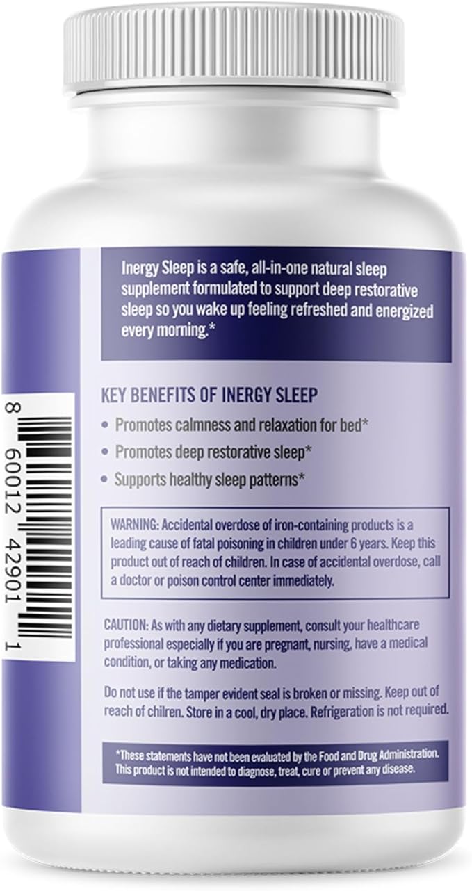 BB Company inergySLEEP | Natural Sleep Supplement &amp Sleep Aid for Deep Sleep Helps to Calm &amp Relax | Magnesium Lemon Balm Black Cohosh GABA Holy Basil | Packaging Vary | 30 Ct