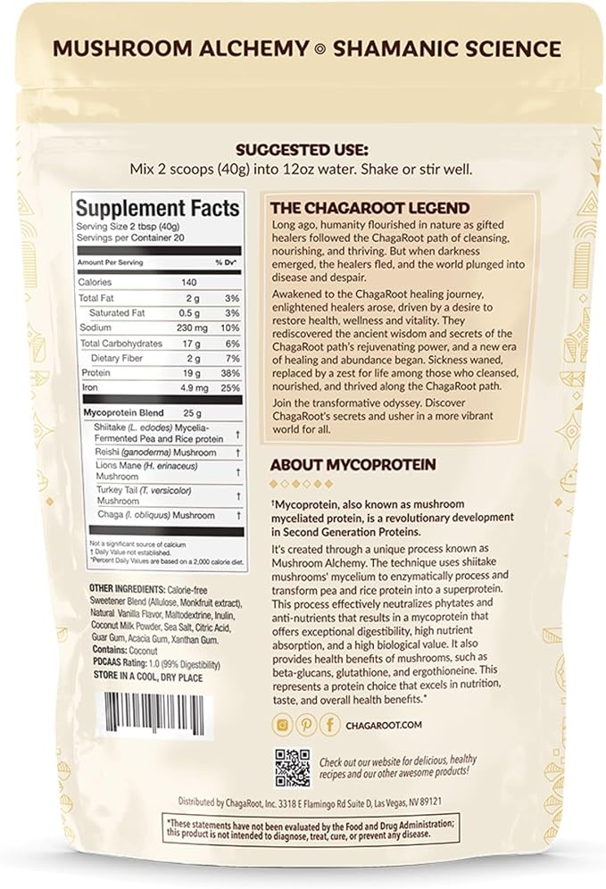 Mycoprotein Mushroom Protein Powder Vanilla - 19g of Vegan Protein Plant Based Superfood Master Blend of Chaga Reishi Turkey Tail Shiitake Lions Mane Coffee Smoothies (1.76 lb)