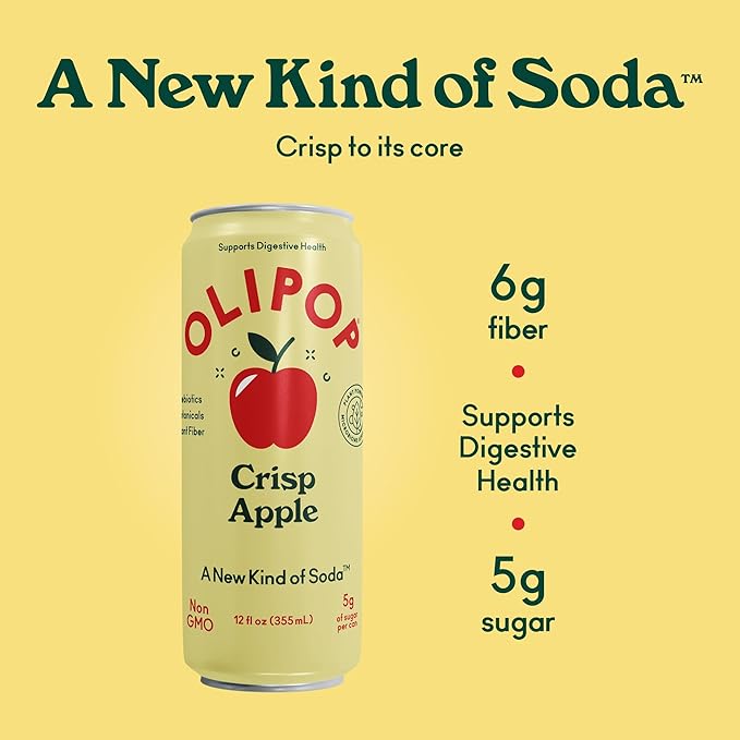 OLIPOP Sparkling Prebiotic Soda Crisp Apple Pantry Pack Packed with Prebiotics Fiber and Botanicals Gluten Free GMO Free 12oz Skinny Can (12 Pack)