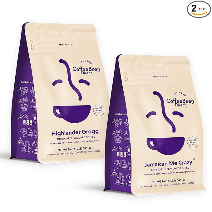 Coffee Bean Direct Flavored Coffee Variety Bundle – Highlander Grogg &amp Jamaican Me Crazy® Whole Bean 1 Pound Bags (Pack of 2)