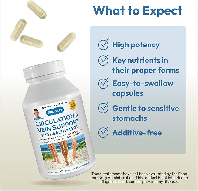 ANDREW LESSMAN Circulation Vein Support for Healthy Legs 180 Capsules - High Bioactivity Diosmin Butcher's Broom Visibly Reduces Swelling and Discomfort in Feet Ankles Calves Legs