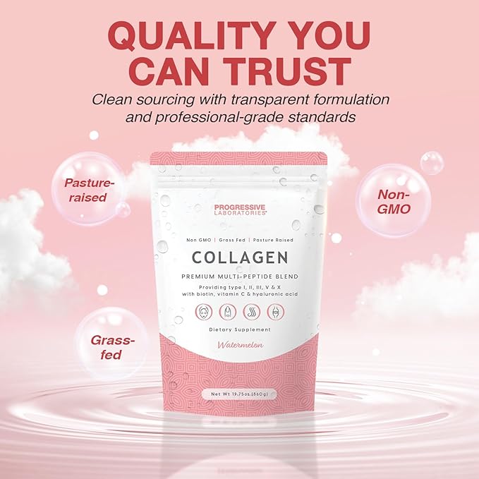 Multi-Type Collagen Powder (Watermelon) – Types I II III V &amp X for Skin Hair Nail &amp Joint Support – Multi Collagen Supplement With Biotin Vitamin C &amp Hyaluronic Acid – Grass-Fed Non