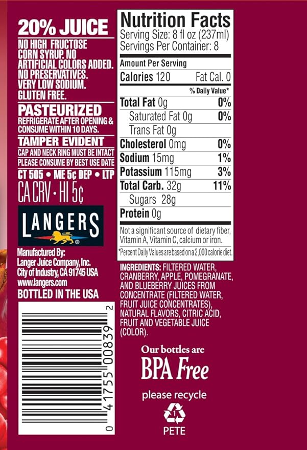 Langers Juice Cocktail Cranberry Pomegranate Blueberry 64 Fl Oz (Pack of 8)