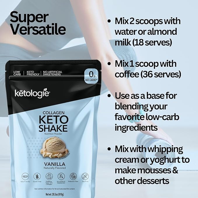 Keto Collagen Shake (Vanilla) - with Coconut Oil Prebiotics Grass Fed Hydrolyzed Collagen Peptides Type I &amp III Low Carb Gluten Free1.78lbs.
