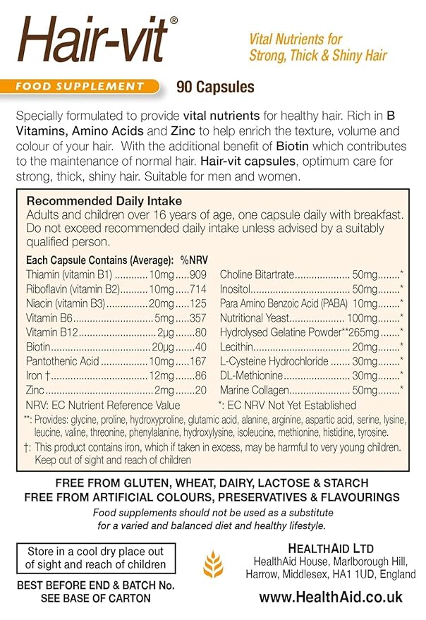 Hair VIT Hair Growth Supplement – 90 Capsules Once Daily Formula with B-Complex Vitamins Biotin Amino Acids &amp Nutrients for Healthy Strong Fuller-Looking Hair in Men &amp Women