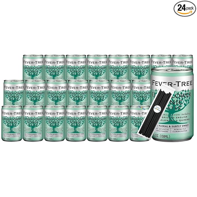 Fever-Tree Elderflower Premium Mixer 5.07 fl oz Aluminum Cans 24 Pack + 20 Plastic Stirrer Sticks by KOOL8SHOP Infinite Deals