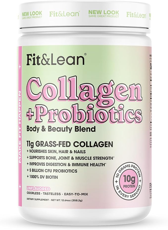 Fit &amp Lean Collagen + Probiotics- Grass-fed Collagen Peptide Powder Unflavored 12.64oz