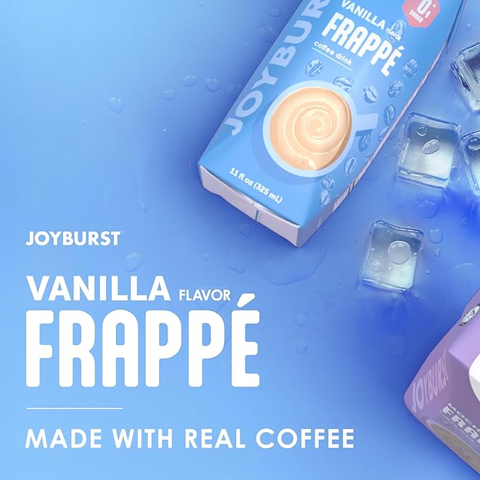Joyburst Coffee Frappe Vanilla Flavor Ready-to-Drink Iced Coffee Beverage 0g Sugar 3g Carbs 50 Calories 9g Protein Non-GMO 12 Pack (325 mL Bottles)