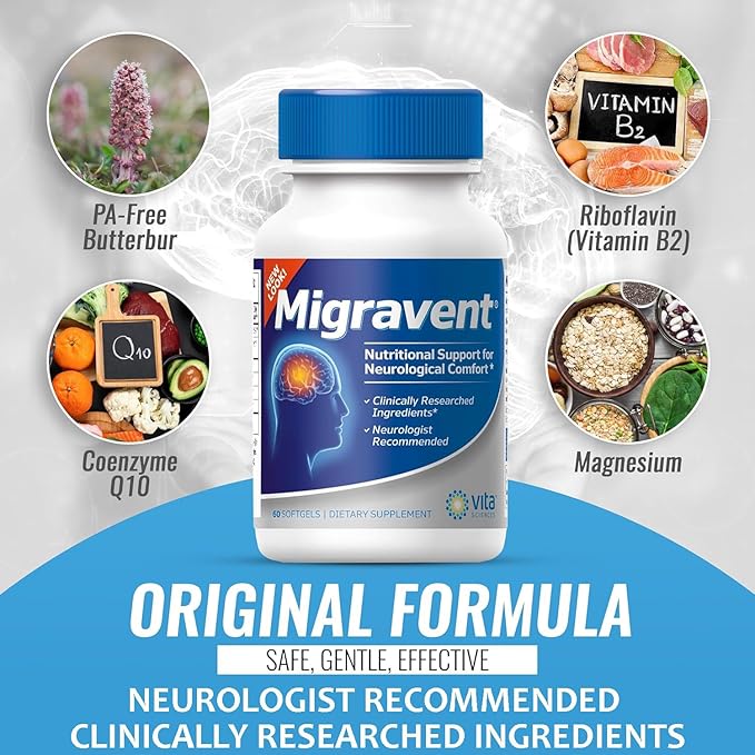 Vita Sciences Migravent – Advanced Nutritional Formula with Magnesium CoQ10 Vitamin B2 and Butterbur for Brain and Circulatory Wellness – 60 Capsules