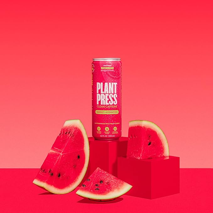 Plant Press - Organic Energy Drink 100 mg Caffeine Clean Coffee Alternative Full Range of Vitamins Electrolytes No Sugar Alcohols No Preservatives (12 Fl Oz (Pack of 12) Watermelon)