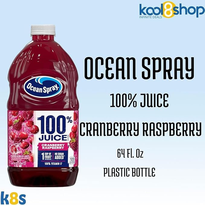 Ocean Spray 100% Cranberry Raspberry Fruit Juice No Added Sugar 64 fl oz 4 Pack + 15 Sugarcane Disposable Straws by KOOL8SHOP Infinite Deals