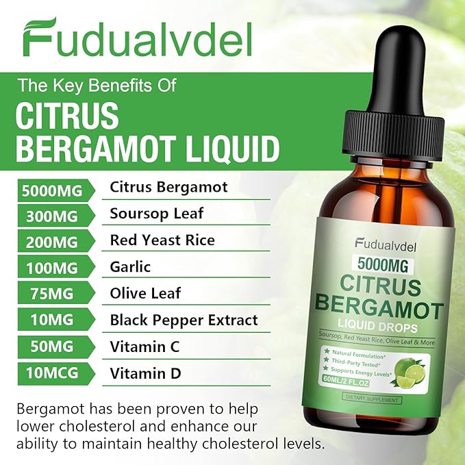 2 Packs 5000mg Citrus Bergamot Liquid DropsReduce Triglycerides Bergamot Supplement for High Cholesterol Immune Support for Anti AgingAntioxidantLime BitterNatural Olive Leaf Extract4 Fl Oz