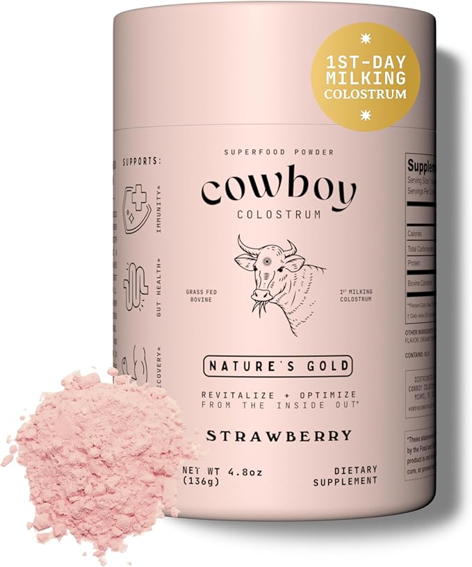 COWBOY - The Exclusive 1st Milking Whole Grass Fed Colostrum Supplement for Full Body Health - Bovine Colostrum Powder Packed w/Bioactive Nutrients - Sugar Free (Strawberry 30 Servings)
