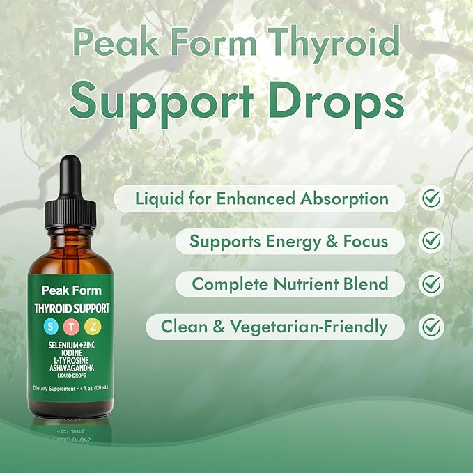 Peak Form Thyroid Support Drops | Selenium Zinc Iodine L-Tyrosine Ashwagandha Liquid Drops Thyroid Bloom Support |-4 FL. OZ. (120mL)