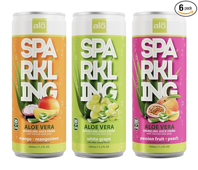 ALO Sparkling Aloe Vera Juice Drink | 11.2 fl oz Pack of 6 | 3-Flavor Variety Pack | Passion Fruit &amp Peach White Grape Mango &amp Mangosteen