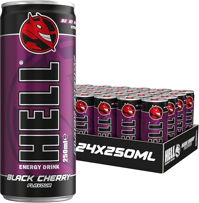 HELL BLACK CHERRY Energy Drink | 32 mg/100 ml Caffeine | Vitamins B3 B5 B6 B12 | No Preservatives | Environmentally Friendly Packaging | 24 x 250ml | Compatible with HELL Energy