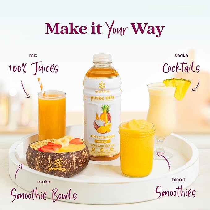 Smartfruit Aloha Pineapple + Prebiotic – 100% Real Fruit Purée with Pineapple Banana Apple &amp Coconut – Great for Smoothies Juice Yogurt Cocktails Teas – High in Vitamin A – 2-Pk 48oz Each