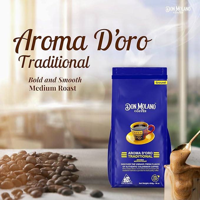 Don Molano Coffee Aroma D’Oro Traditional Ground Coffee Medium Roast 16oz - Premium Colombian Coffee Halal Certified – Rich and Balanced with a smooth and velvety texture with notes of Citrus Dark