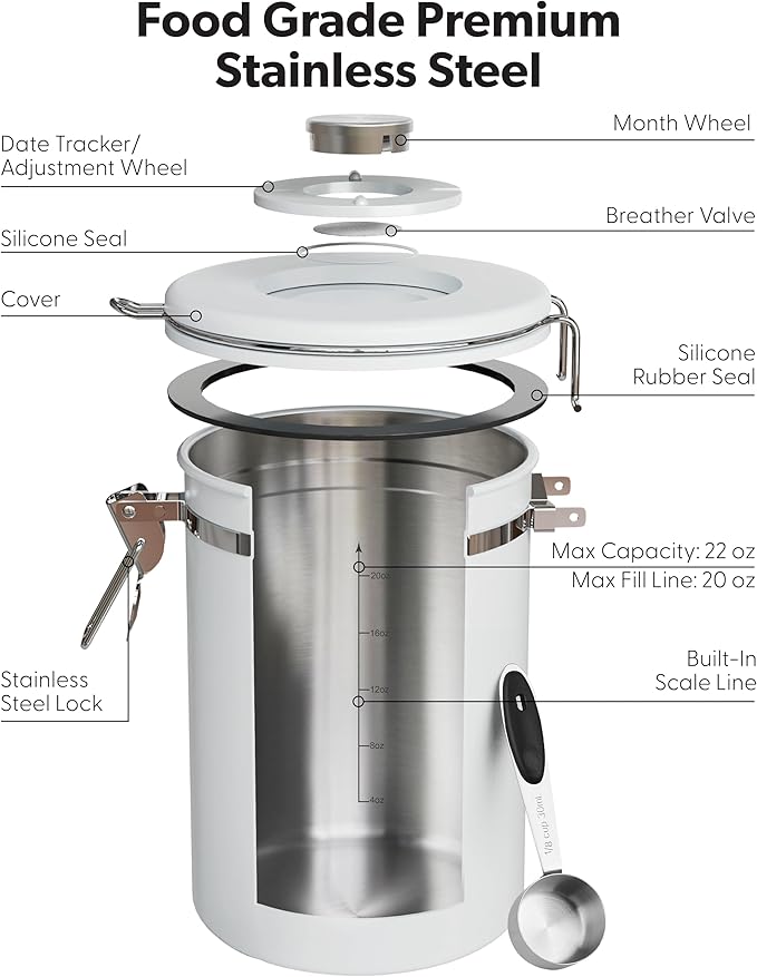 Veken Coffee Canister with Window Easter Gifts Airtight Stainless Steel Container with Lids Home Kitchen Food Storage Jars for Grounds Beans Tea Flour Cereal Sugar Basket Scoop 22OZ White