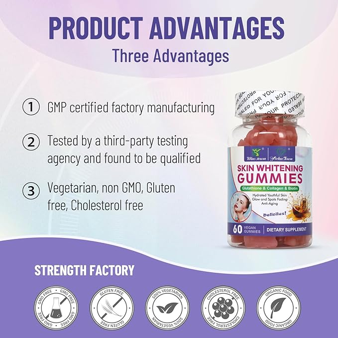 Skin Whitening Gummies with I-Glutathione Collagen &amp Bioth Antioxidant &amp Skin Care Anti-Aging 60 Count