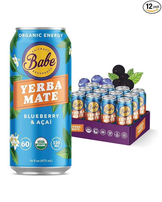 Babe Organic Yerba Mate Energy Drinks | 150mg Plant-Based Caffeine | Natural Yerba Mate Tea with No Crash No Jitters - Blueberry Açaí (12 x 16oz Cans)